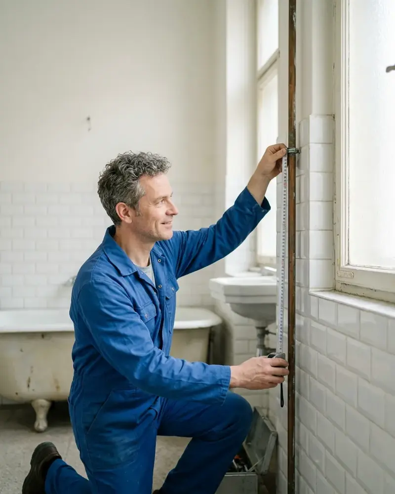 Installateur misst ein altes Rohr in einem Wiener Altbau-Bad mit hoher Decke und gefliester Wand