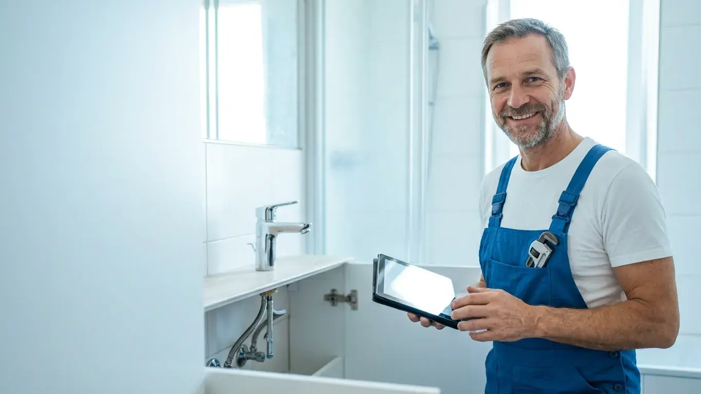 Lächelnder Installateur in blauer Latzhose mit Tablet in einem hellen Wiener Badezimmer