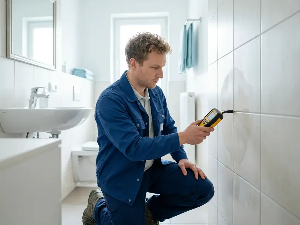 Techniker hält ein Leckortungsgerät an eine geflieste Badezimmerwand mit feuchter Stelle