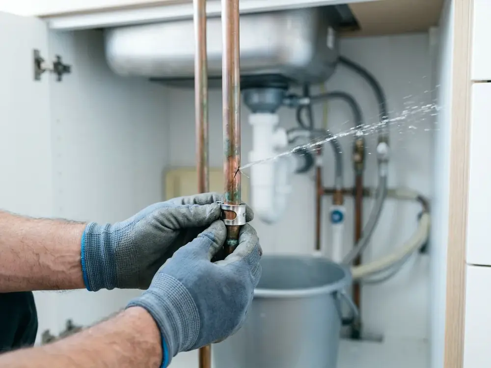 Dünner Wasserstrahl aus einem gebrochenen Kupferrohr unter der Spüle, Hände mit Arbeitshandschuhen setzen eine Rohrschelle an