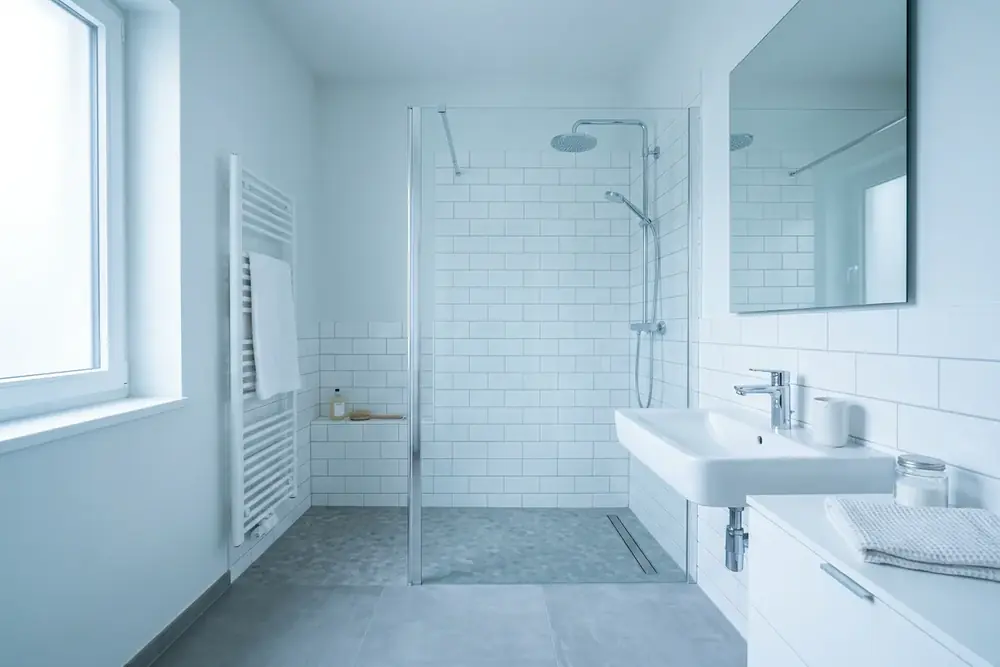 Frisch saniertes Bad mit weißen Fliesen und bodengleicher Dusche mit Glaswand