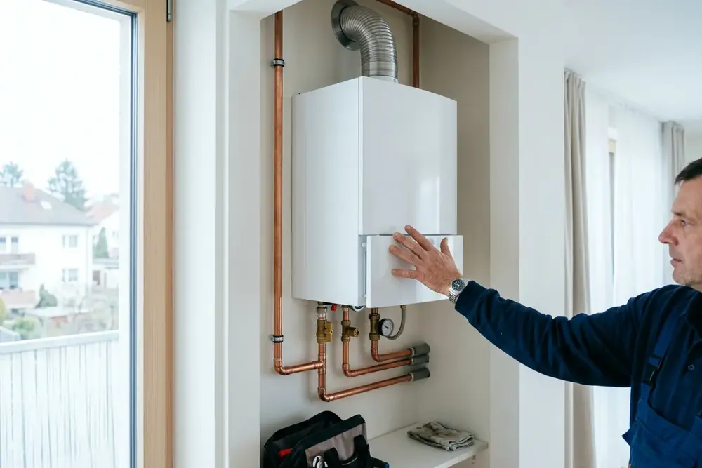 Neue Gastherme an der Wand einer Wohnung mit sauber verlegten Kupferleitungen