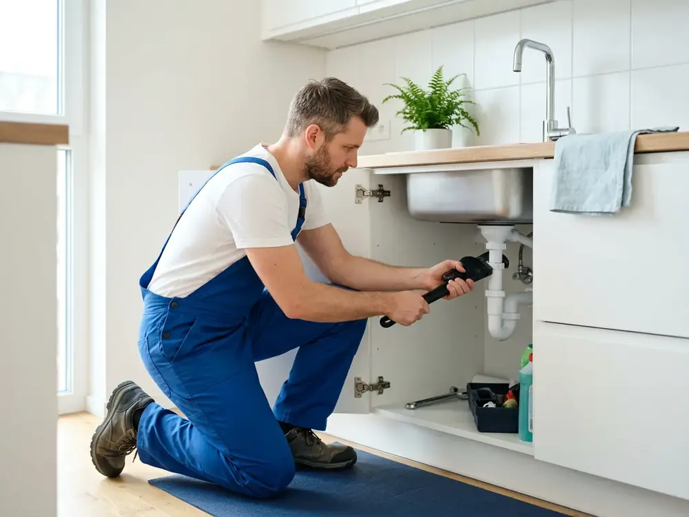 Installateur kniet vor einem geöffneten Spülenunterschrank und zieht eine Rohrverbindung nach