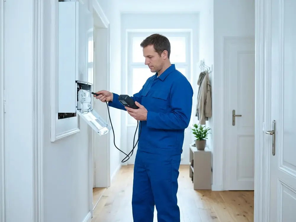 Techniker prüft mit einem Messgerät das Bedienfeld einer Gastherme im Vorraum