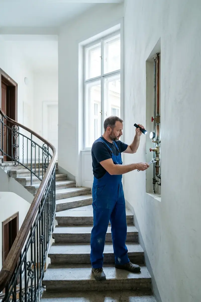 Installateur in blauem Overall prüft eine Wandleitung im hellen Stiegenhaus eines Wiener Altbaus