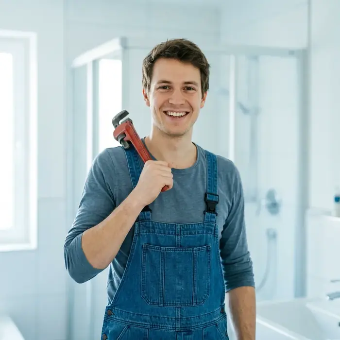Daniel, Installateur für Gas und Badumbau, mit Rohrzange im gefliesten Bad