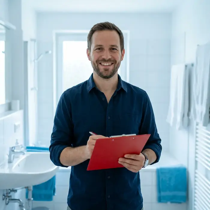 Markus, Installateur für Sanitär und Rohrreinigung, mit Klemmbrett im Bad