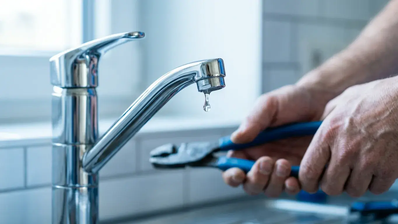 Nahaufnahme einer verchromten Armatur mit einem Wassertropfen, dahinter verschwommen die Hände eines Installateurs