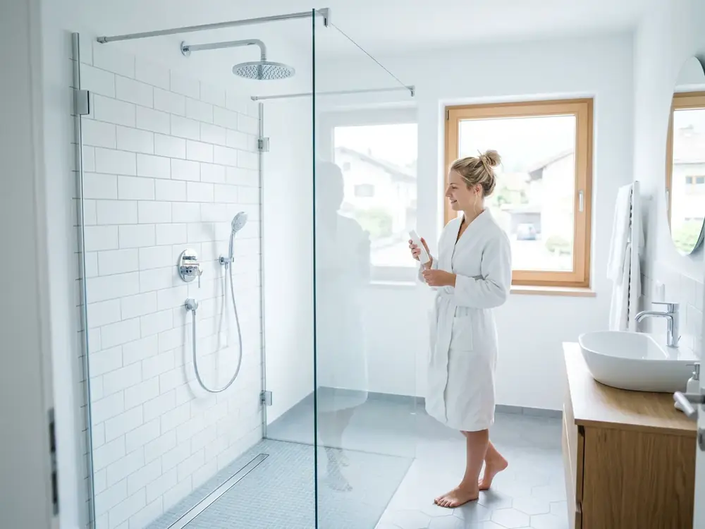 Neue bodenebene Dusche mit weißen Fliesen, Glaswand und Regenbrause