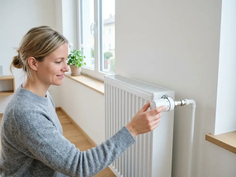 Weißer Heizkörper mit neuem Thermostatventil an sauberer Wand